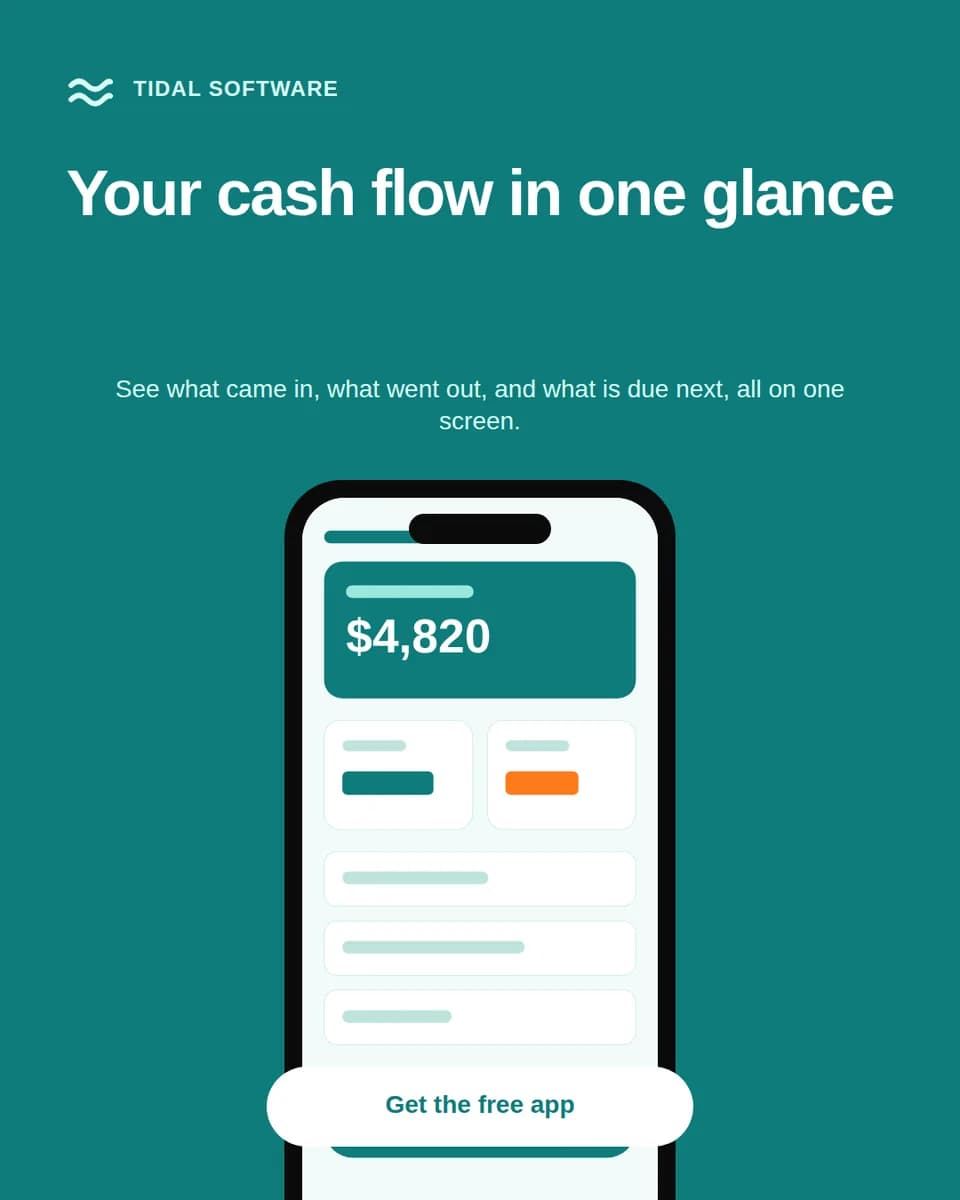 A teal portrait ad with a headline above a black phone frame that holds an app screenshot and a white button