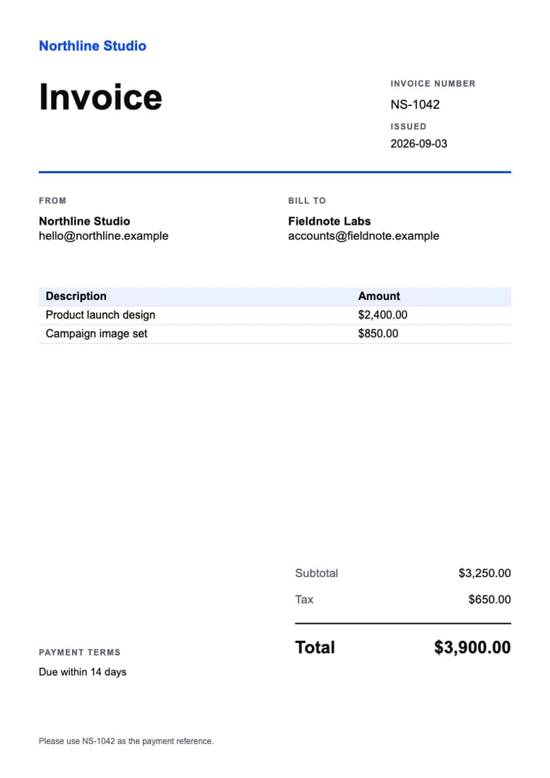 A white invoice with blue totals and a short line-item table