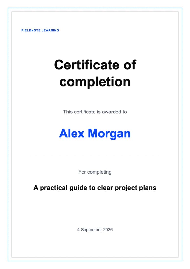 Course certificate with sample text in an editable layout