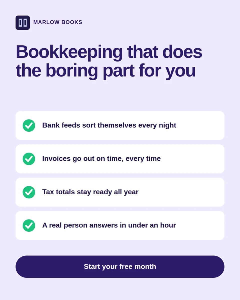 A light purple portrait ad with a headline and four white cards, each with a green check mark