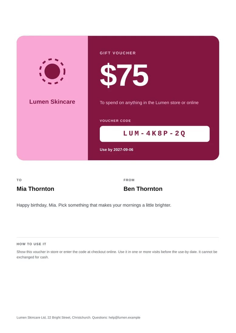 A white page with a dark pink voucher card, a large value, a code box, and the terms