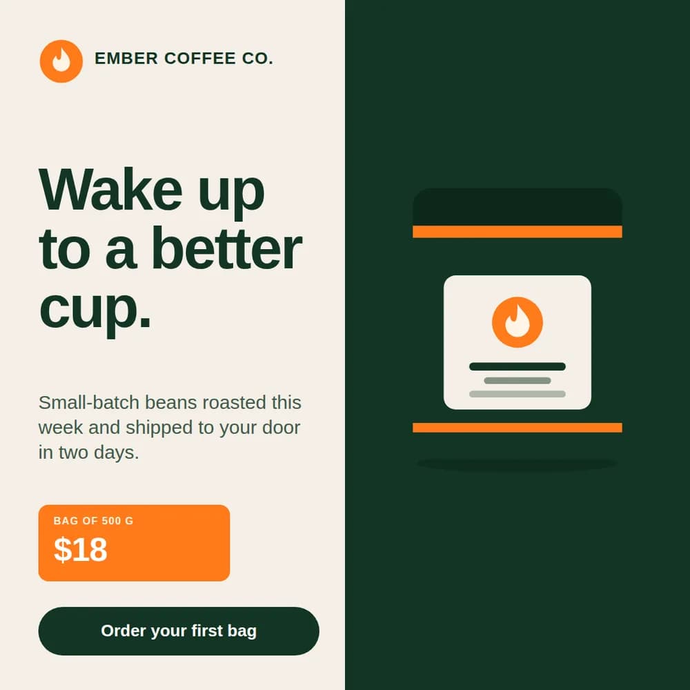 A cream and green square ad with a coffee bag, a large headline, an orange price tag, and a button