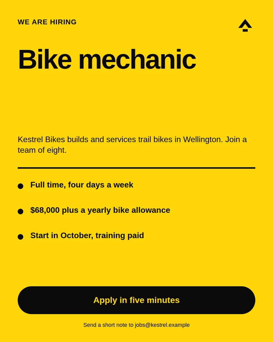 A yellow portrait ad with a huge role title, three bullet points, and a black apply button