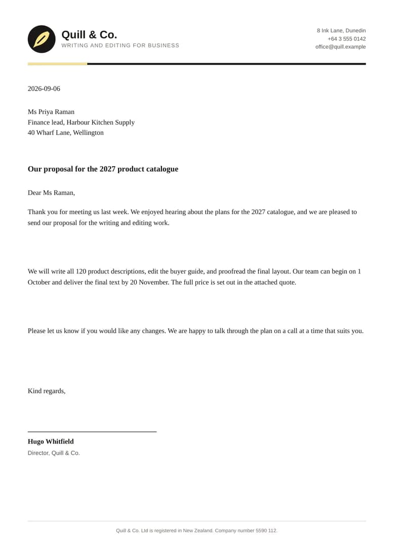 A white letter with a logo and address block at the top, three paragraphs, and a signature line