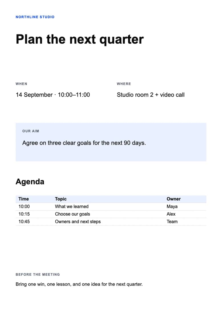 Meeting agenda with sample text in an editable layout