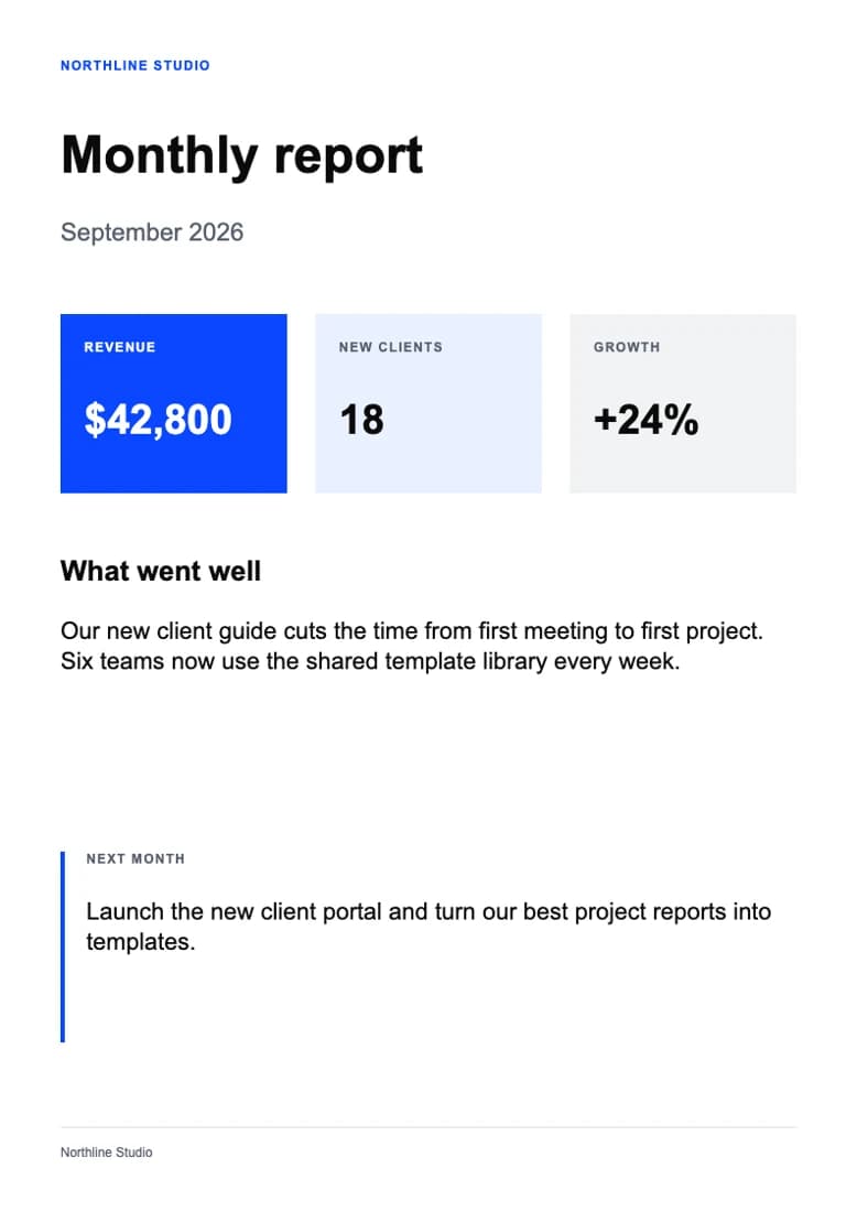 Monthly report with sample text in an editable layout