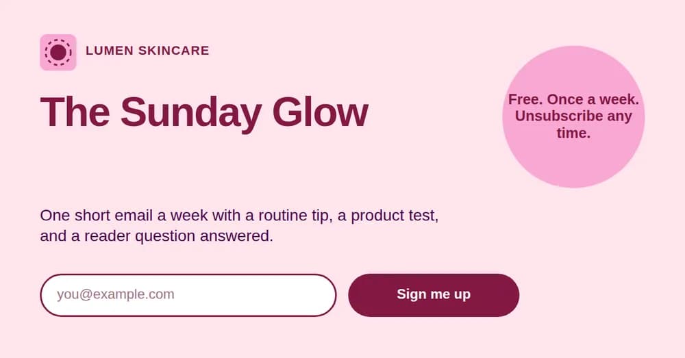 A pink landscape ad with a newsletter name, a benefit line, an input box, and a dark pink button