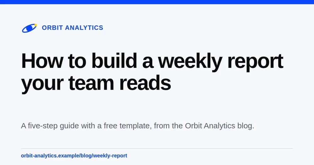 A light link preview card with a blue top bar, a site name, a large page title, and a description line