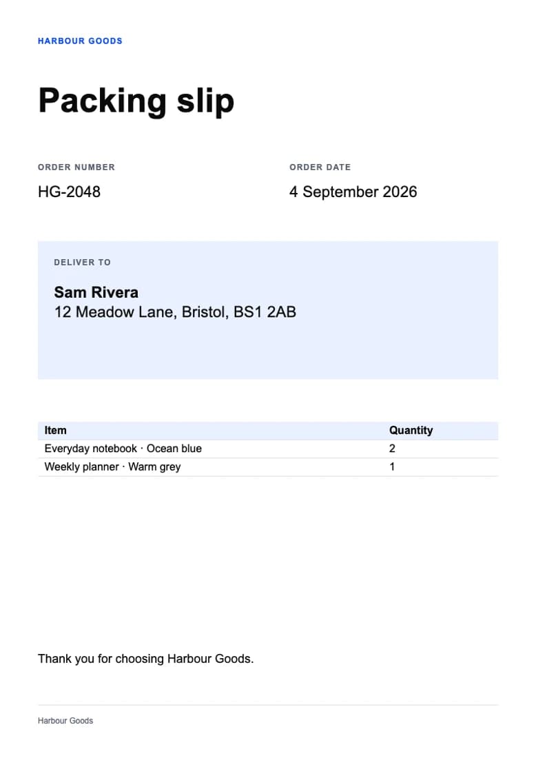 Packing slip with sample text in an editable layout