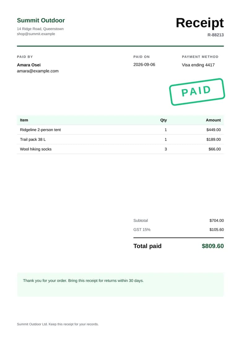 A white receipt with a green paid stamp, an item table, and a total paid line