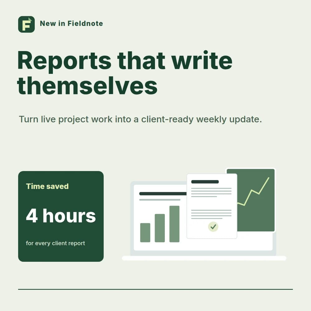 A pale green product launch with a report illustration, a graphic Fieldnote mark, and a dark result card