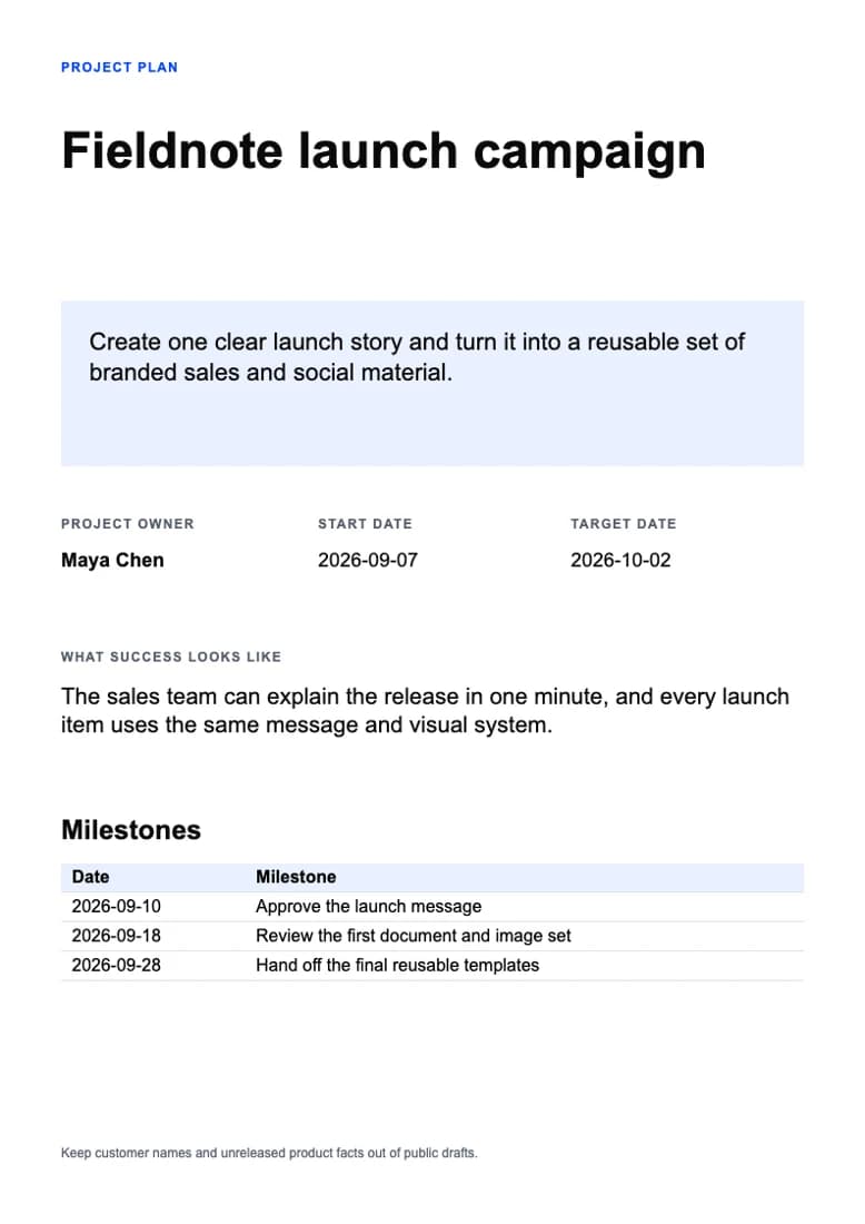 A project brief with a blue summary band and three milestones