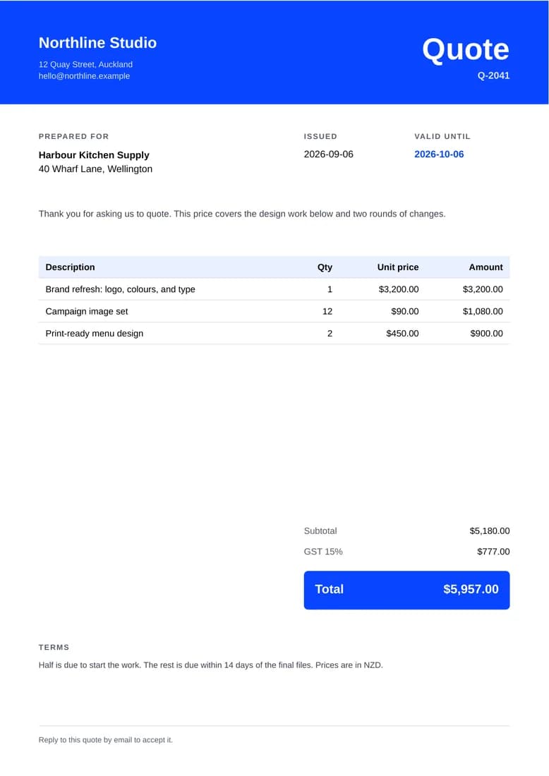 A white quote with a blue header band, a line-item table, and a blue total box