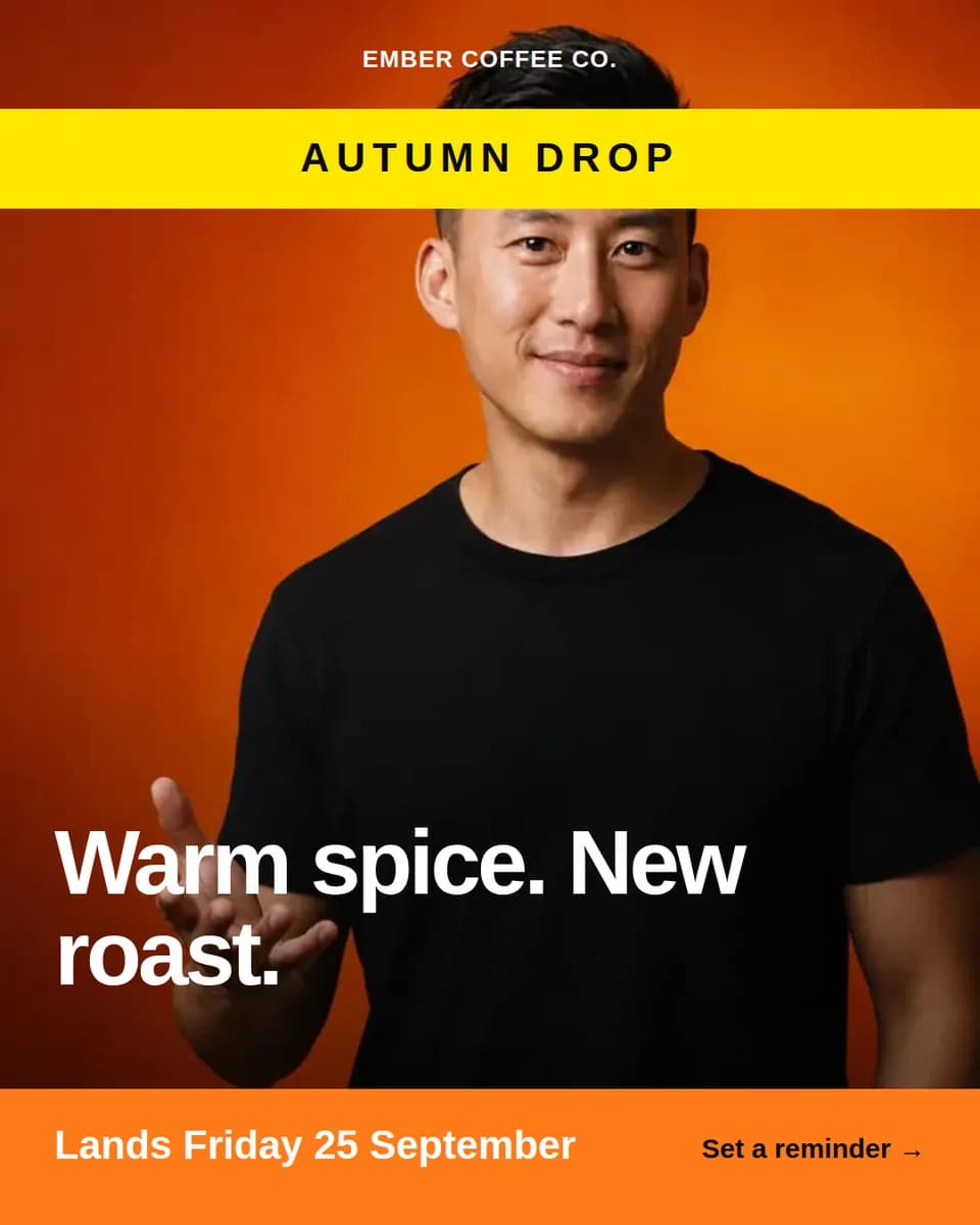A portrait ad with a photo, a yellow Autumn drop band, a large headline, and an orange date band