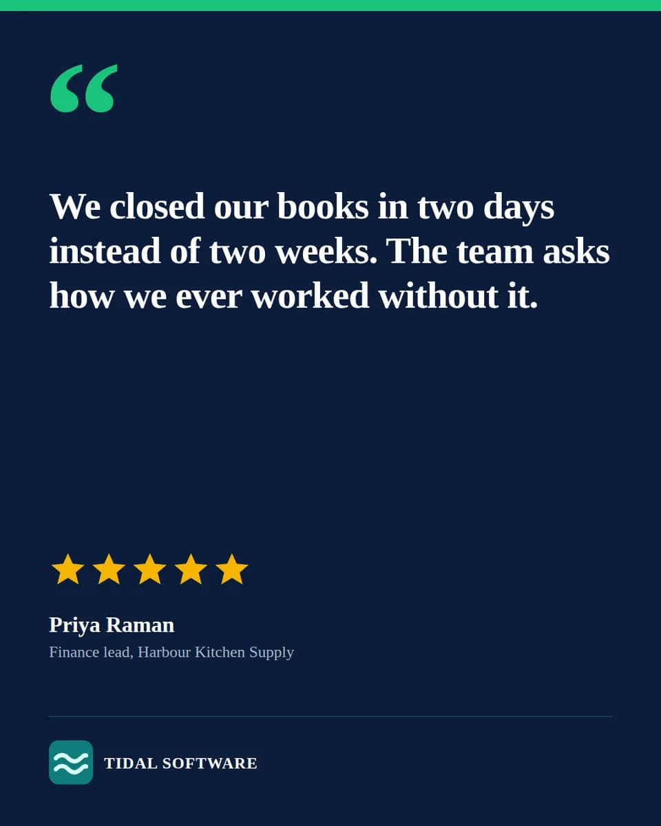 A navy portrait ad with a large white quote, a row of five gold stars, and a customer name