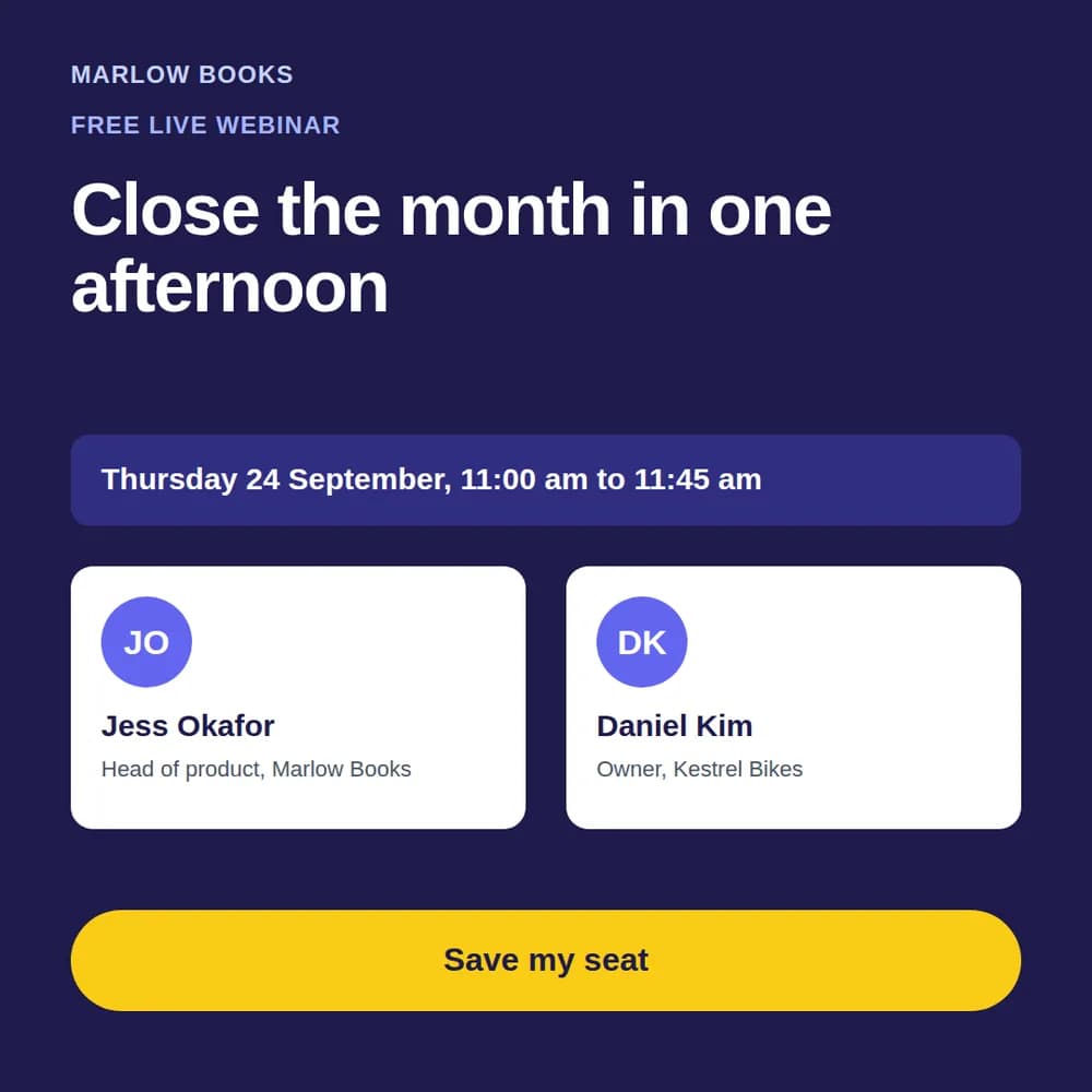 An indigo square ad with a webinar title, a date box, two white speaker cards, and a yellow button