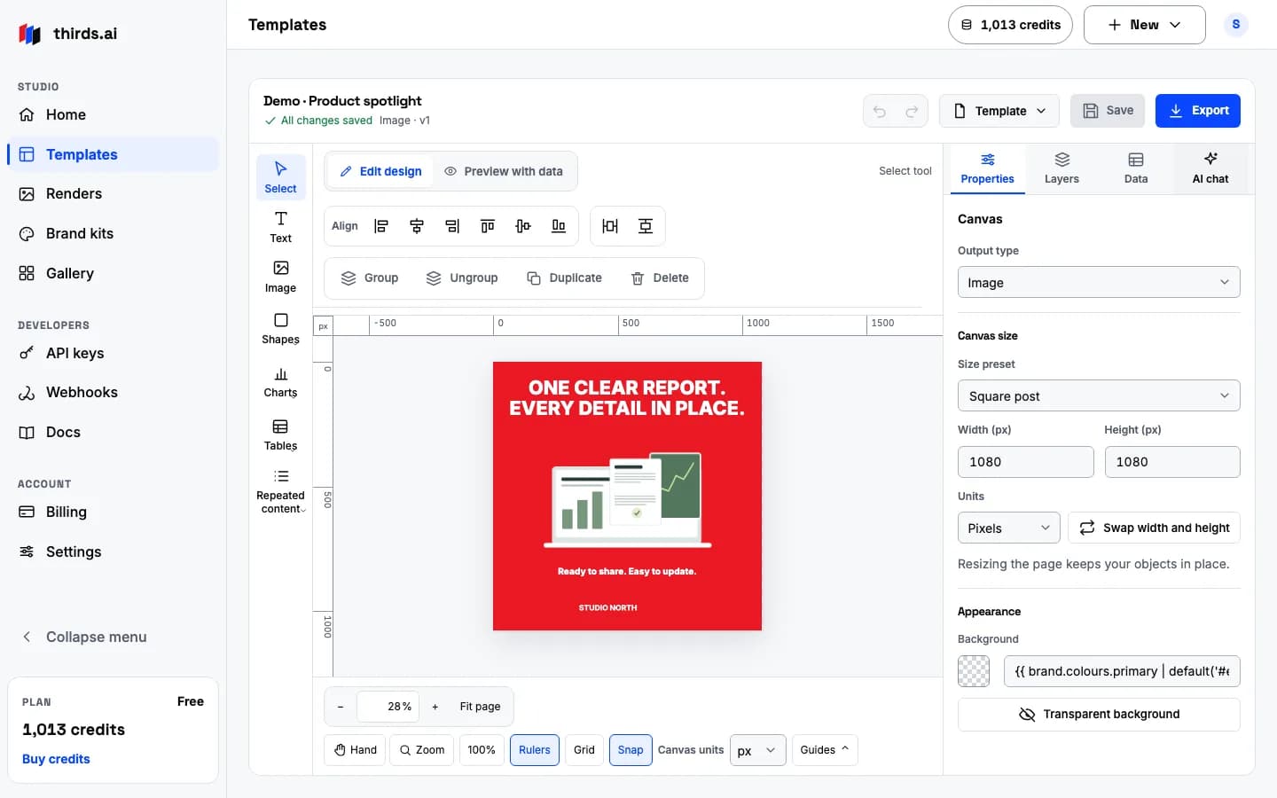 A built square template open in the editor with the brand colours and fonts in place