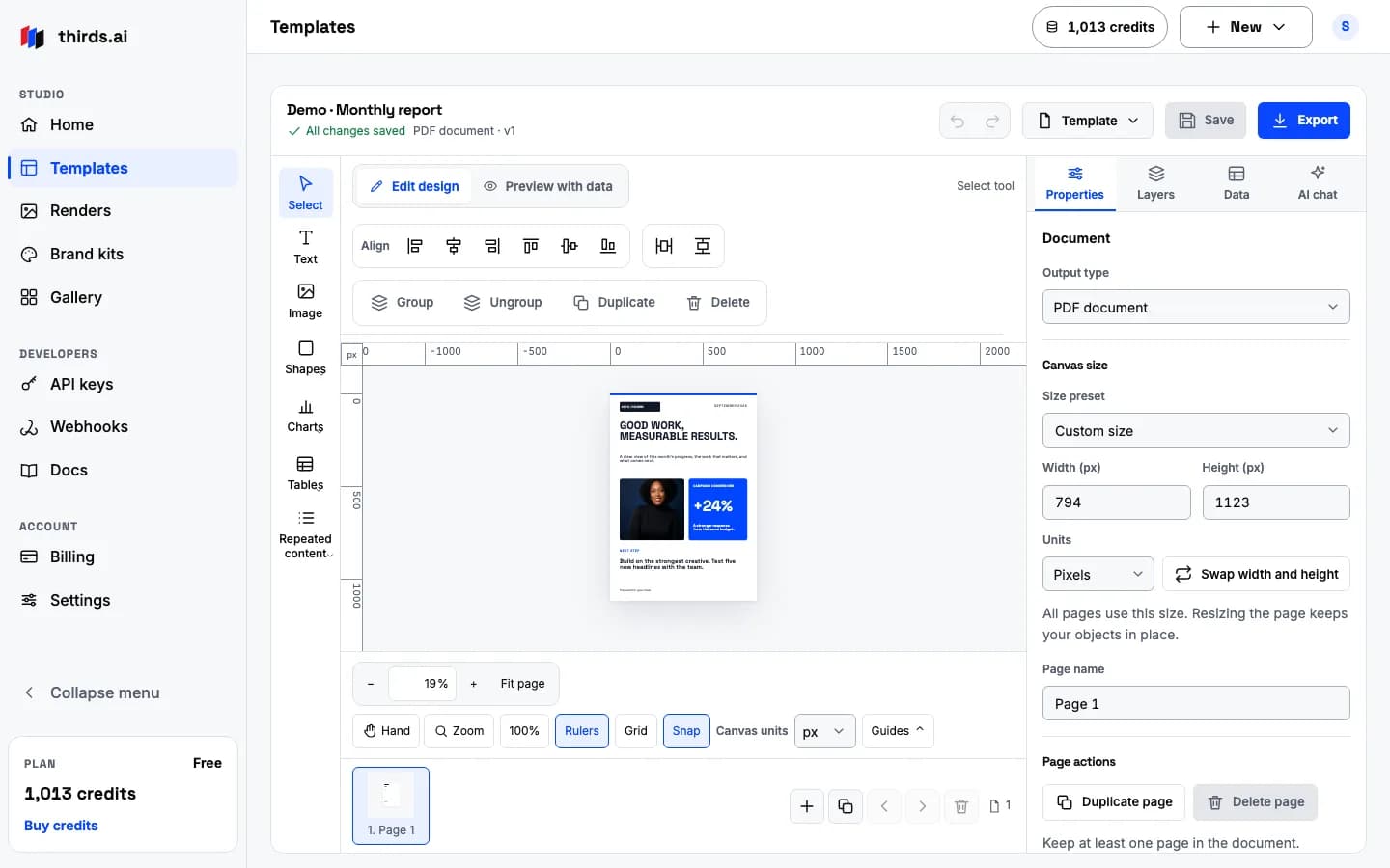 The editor workspace with a monthly report page on the canvas and the Properties tab open beside it