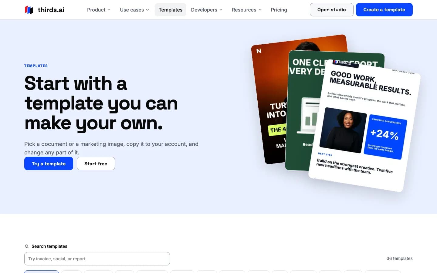 The template gallery inside the studio with invoice, ad, and report templates to copy