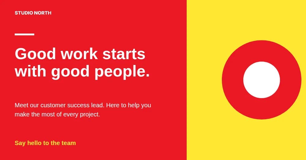 The exported announcement in red and yellow brand colours with the same layout as the source and a round placeholder where the photo was