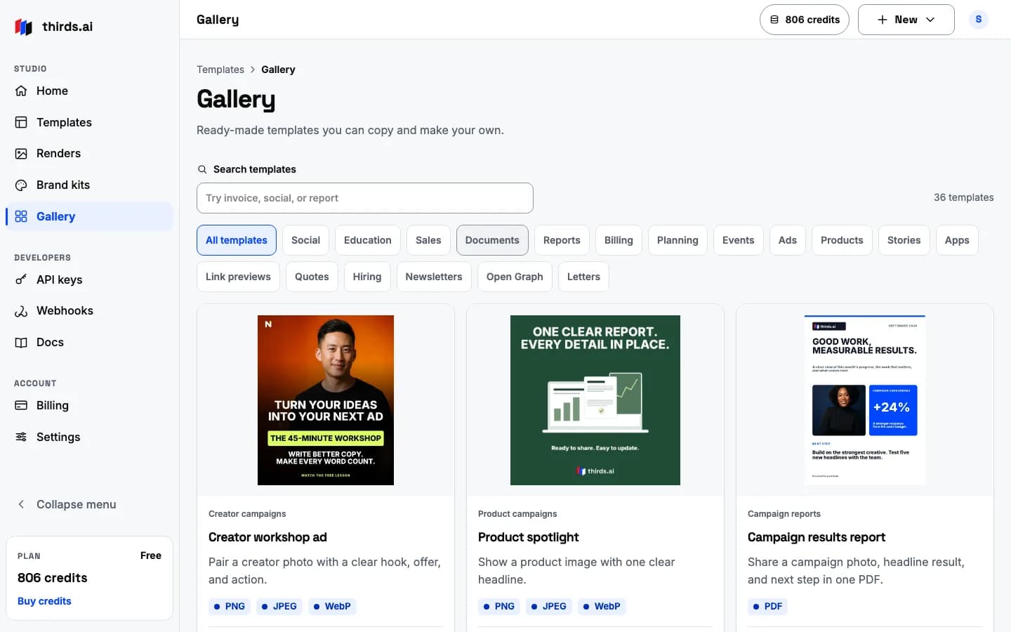 The studio gallery with social and ad templates, each with a Use template button