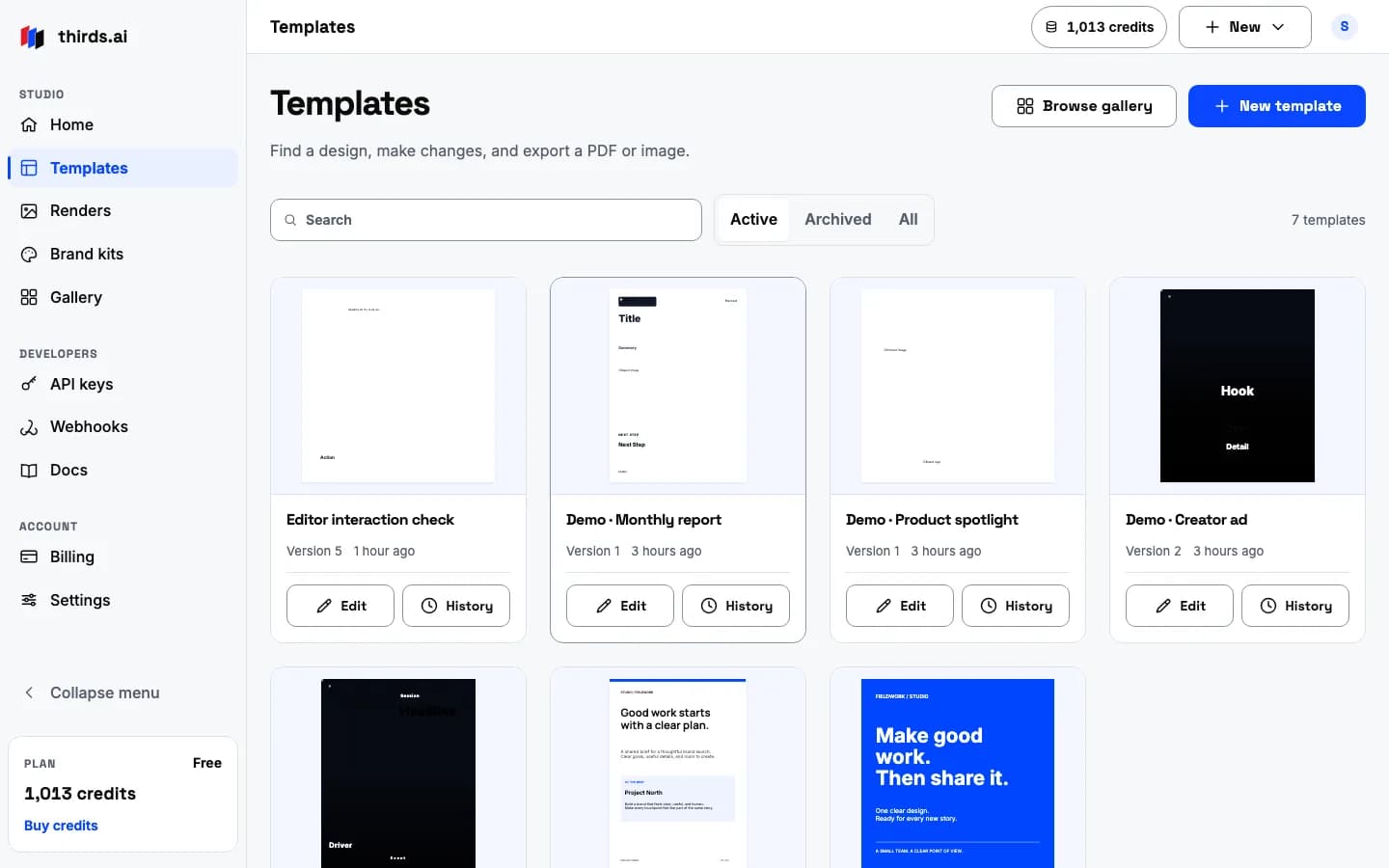 The template library as a grid of cards, each with a preview and a name