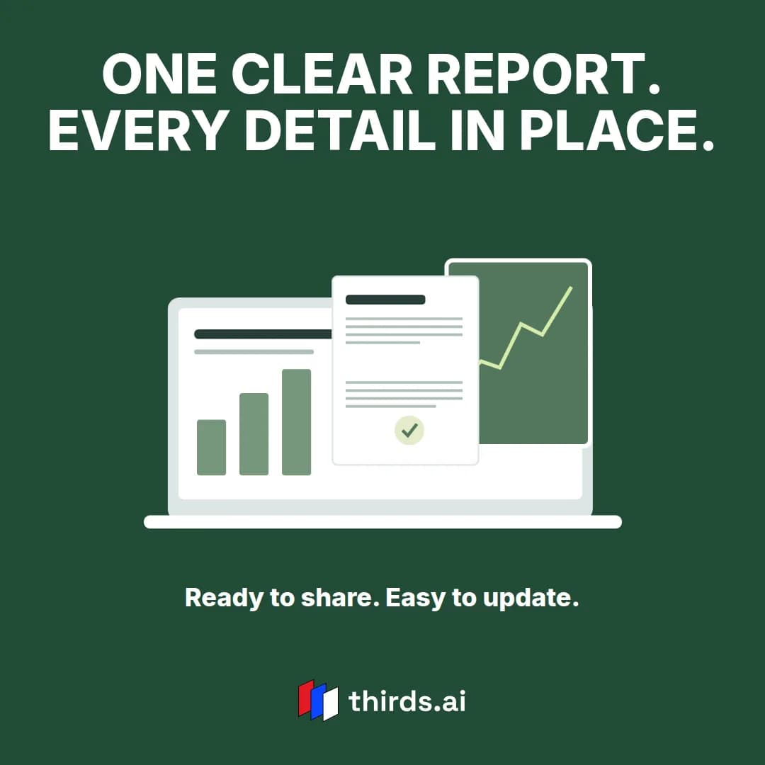 A square dark green product spotlight image that says One clear report, every detail in place