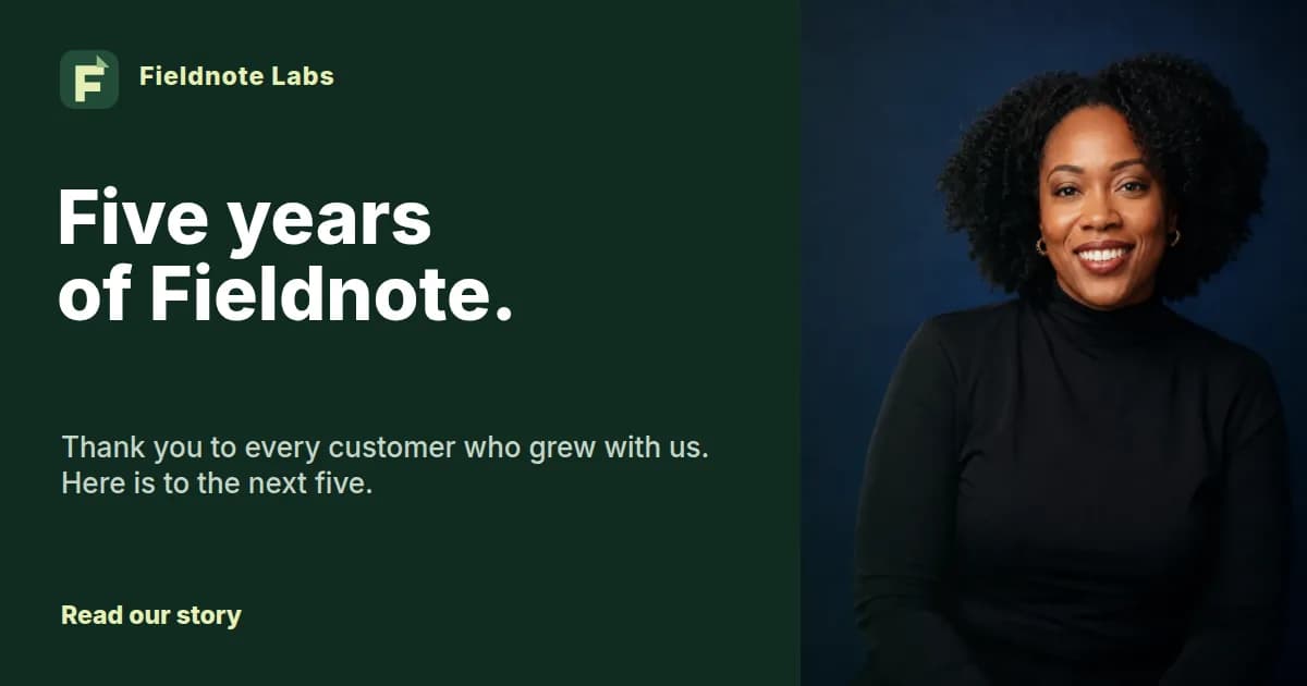 The same Fieldnote Labs card that says Five years of Fieldnote, with a Read our story button