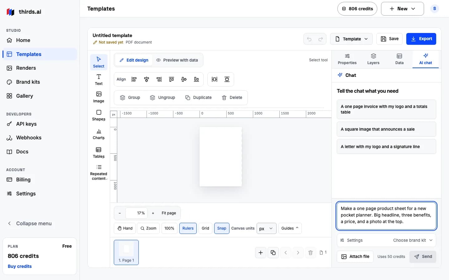 The AI chat with a typed request for a one page product sheet and the Send button that shows Uses 50 credits