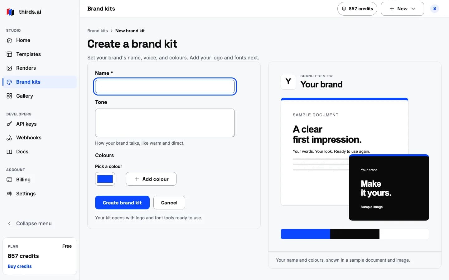 The Create a brand kit form with fields for the name, the tone of voice, and the colours