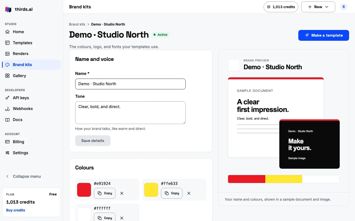 One brand kit page with its name, tone of voice, colour swatches, and a brand preview