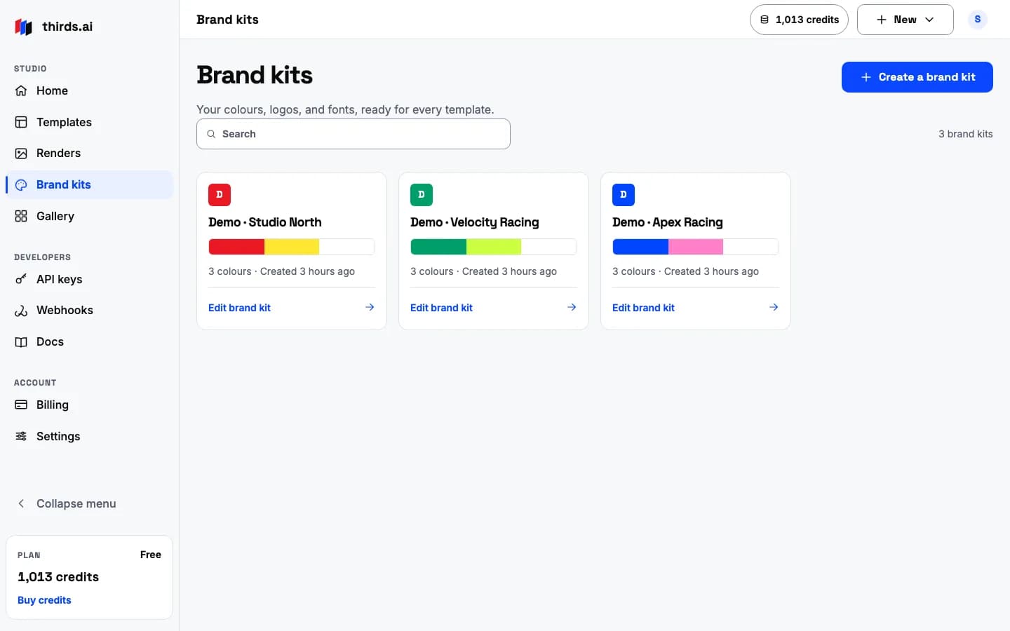 The brand kit list with three kits, each showing its name, colours, and logo
