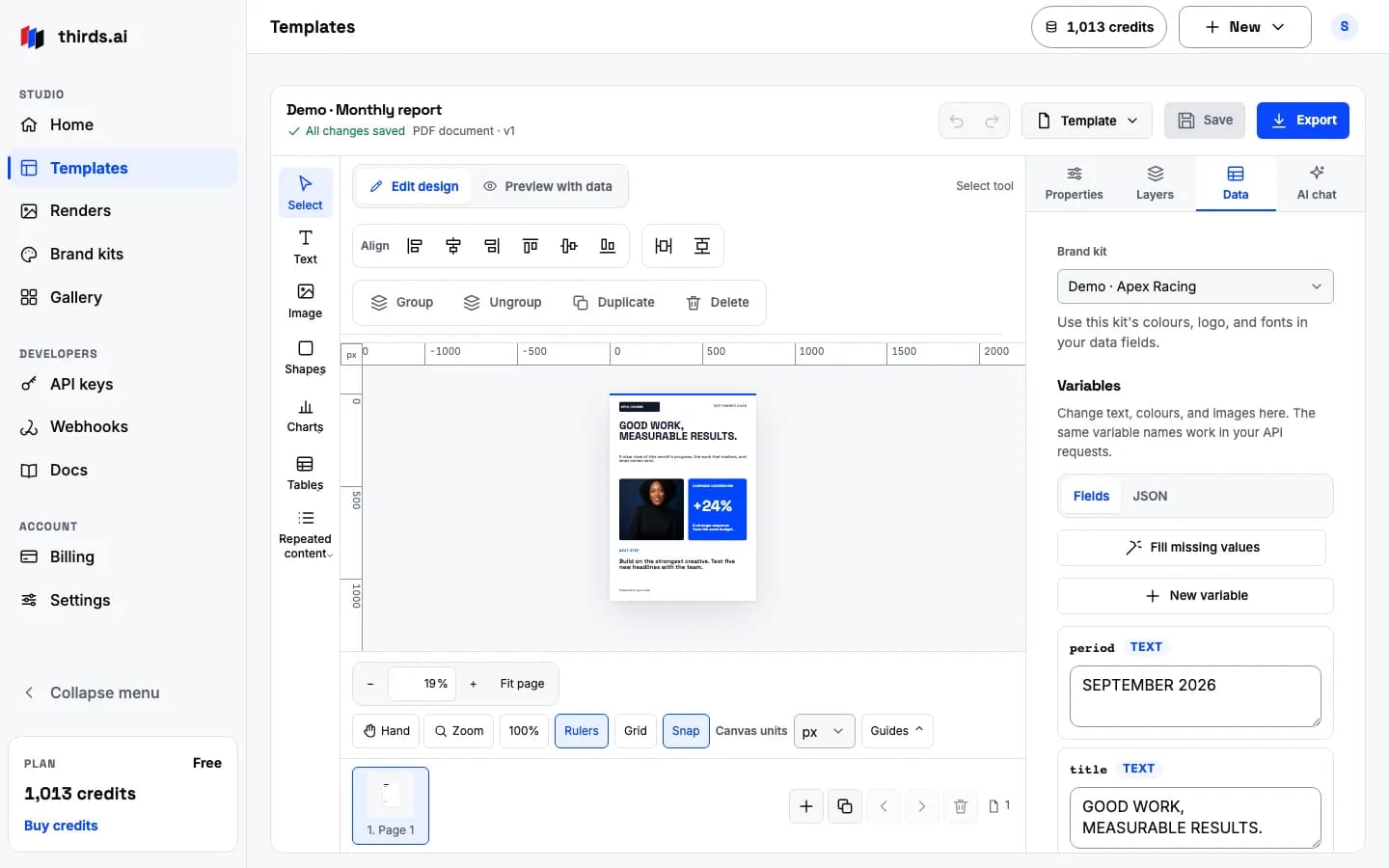 The editor's Data tab with the template fields and their values beside the canvas