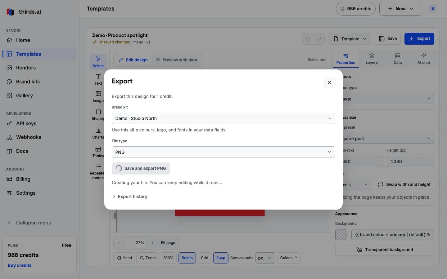 The editor's Export dialog with a brand kit picker, the PNG file type, and a button that says Save and export PNG for 1 credit
