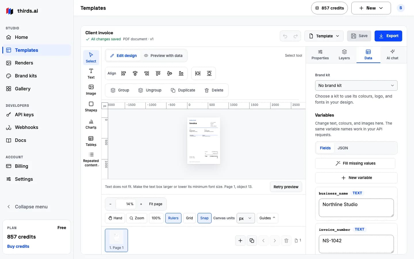 The client invoice open in the editor with the Data tab showing the business, client, items, and total fields
