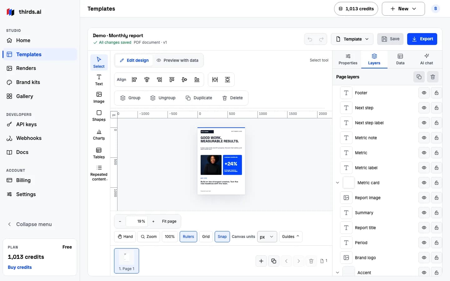 The draft on the editor canvas with the Layers panel listing each text, shape, and image layer