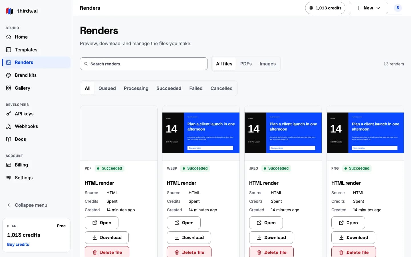 The Renders list with PDF, WebP, JPEG, and PNG cards
