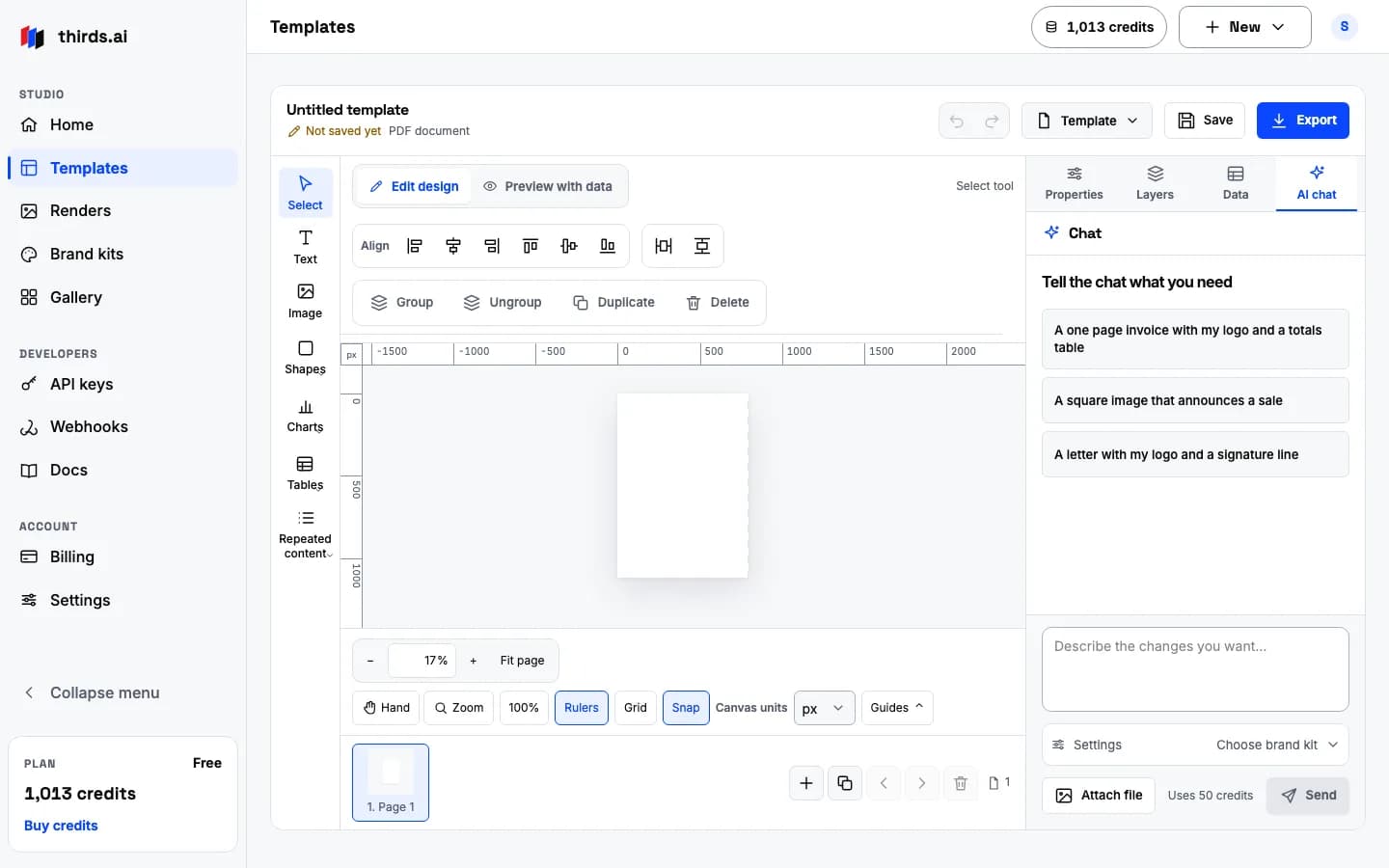 A new empty template in the editor with the AI chat panel open and ready for a prompt