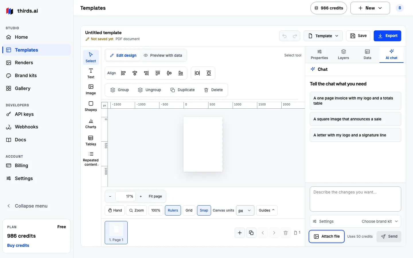 The editor's image start with the AI chat open, an Attach file button, and the message box that shows Uses 50 credits