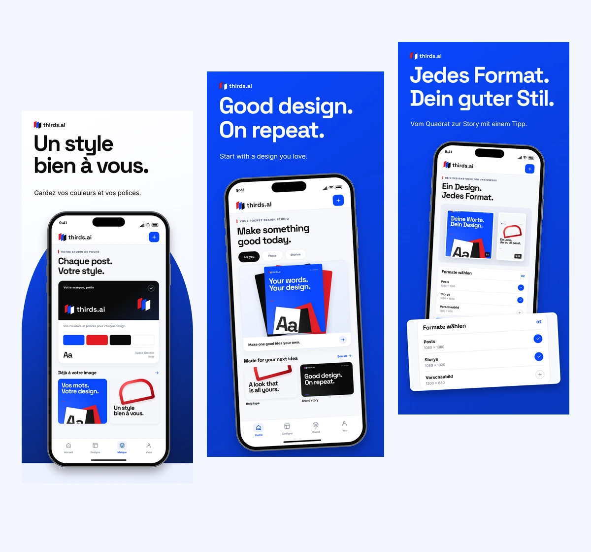 Three real App Store screenshots for a thirds.ai iPhone concept made with thirds.ai, with English, French, and German headlines and app screens.
