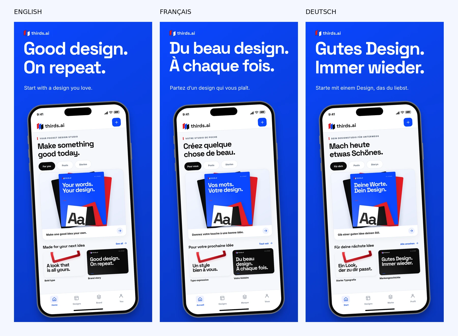 The same thirds.ai concept screenshot in English, French, and German, with translated headlines and app UI in the same layout.