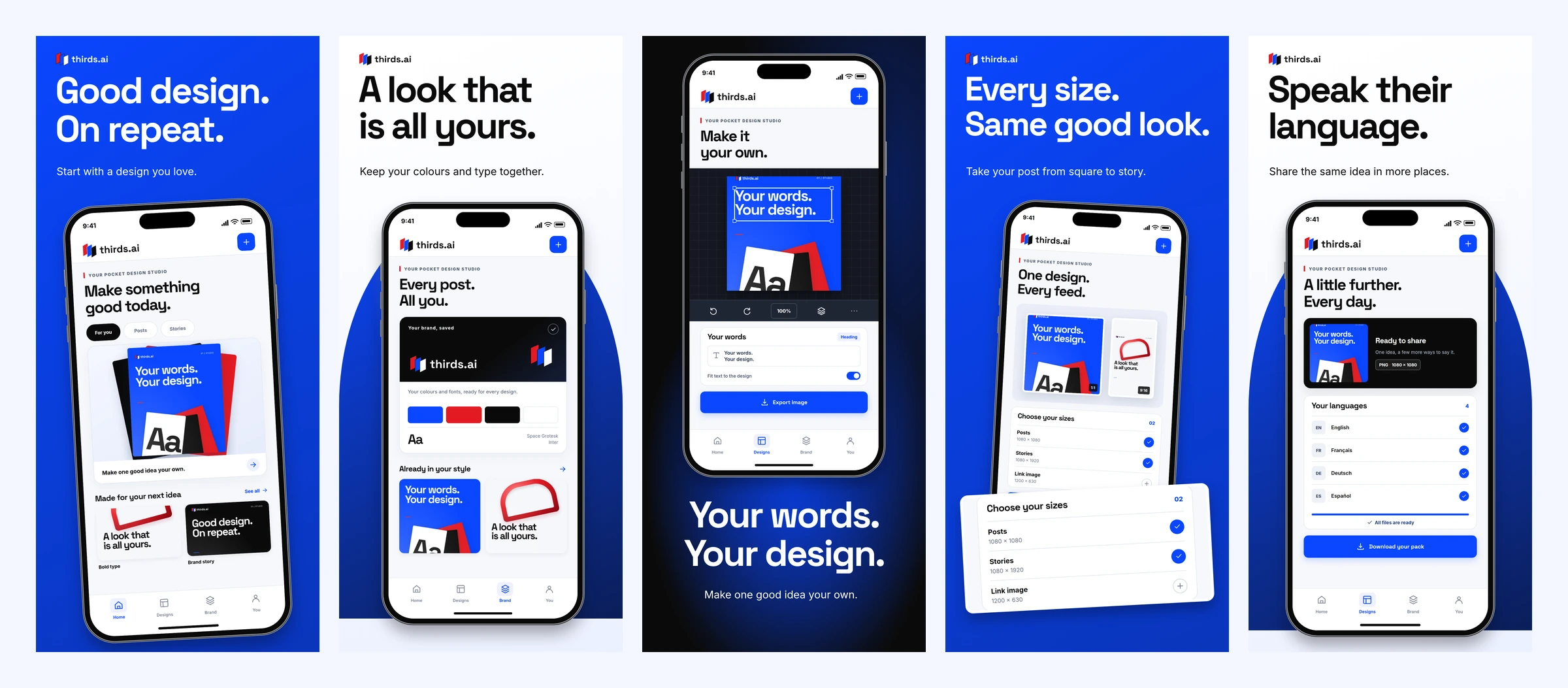 Five App Store screenshots for a thirds.ai iPhone concept showing a design library, saved brand, text editor, size picker, and language pack.