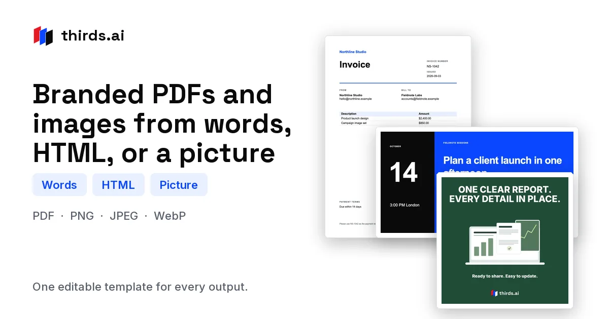 Create branded PDFs and images from words, HTML, or a picture