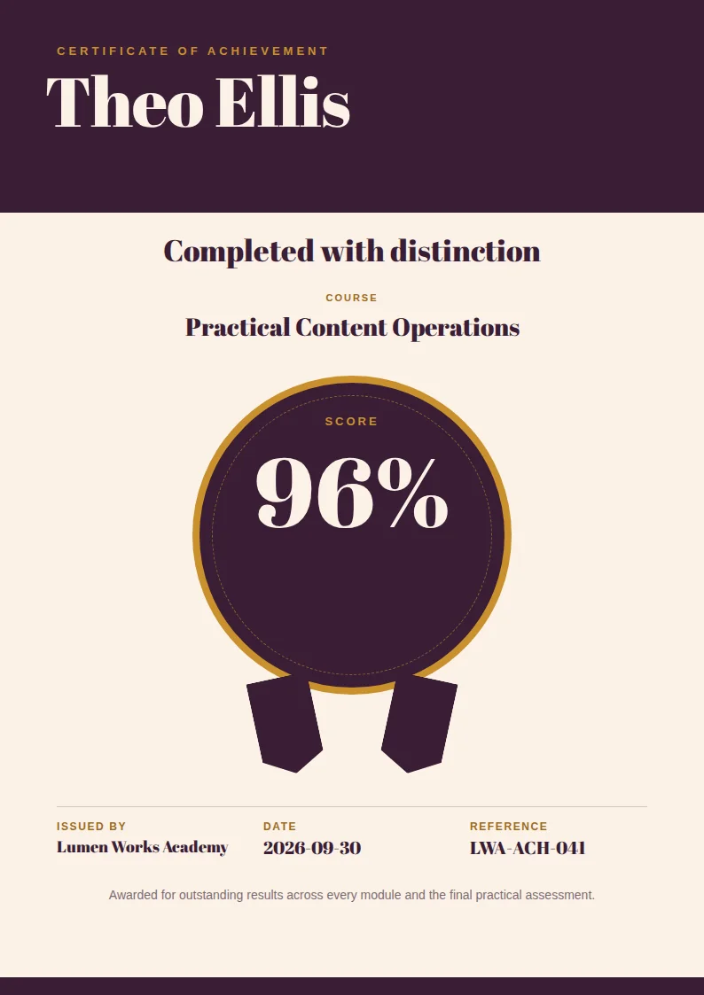 A portrait certificate with deep plum header and footer bands around a cream body, naming Theo Ellis at the top and showing a gold-ringed medal with a plum centre reading 96% for the course Practical Content Operations.