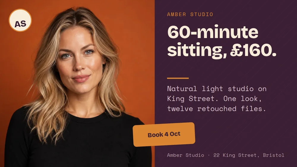 A 16:9 studio booking ad split in two, a burnt-orange 4:5 portrait on the left with an AS badge, and a deep plum right panel with the cream headline 60-minute sitting, £160. and an orange Book 4 Oct tag.