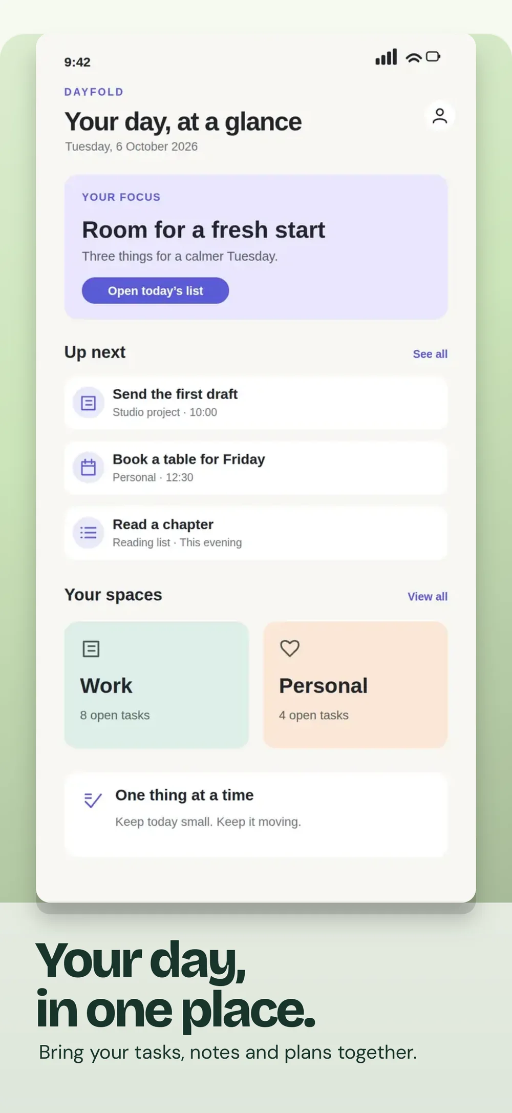 Large Dayfold app screens and feature close-ups with dark green headlines and mint backgrounds.