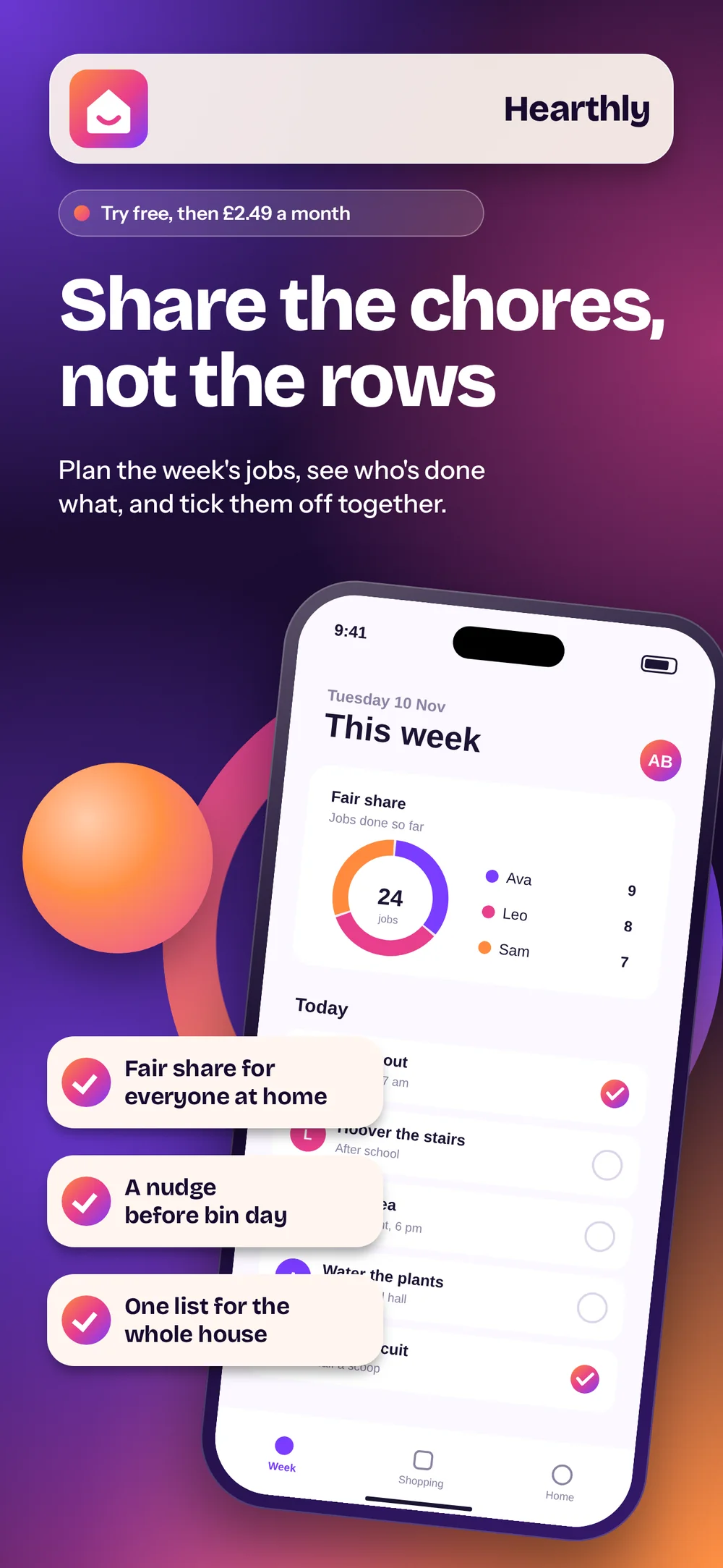 A tall app store screenshot on a violet, pink, and orange gradient, with the headline Share the chores, not the rows, a tilted phone that shows a household chores list, and three light chips with ticks that list the app's features.