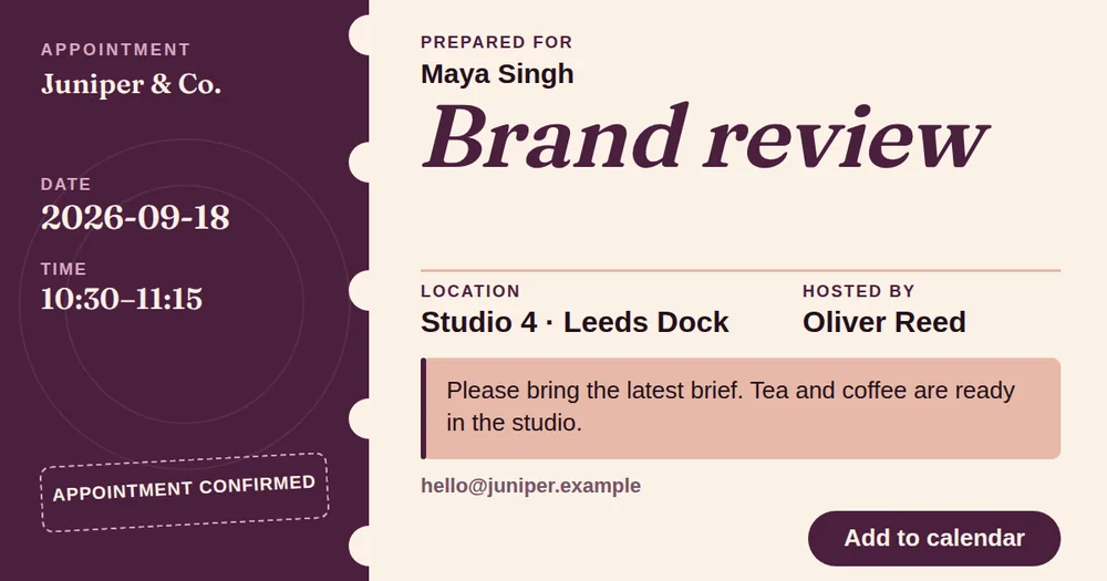A wide appointment card split in two, a deep plum left rail naming Juniper & Co. with the date 2026-09-18, and a cream right panel with the italic headline Brand review, a peach note box, and a dark Add to calendar button.