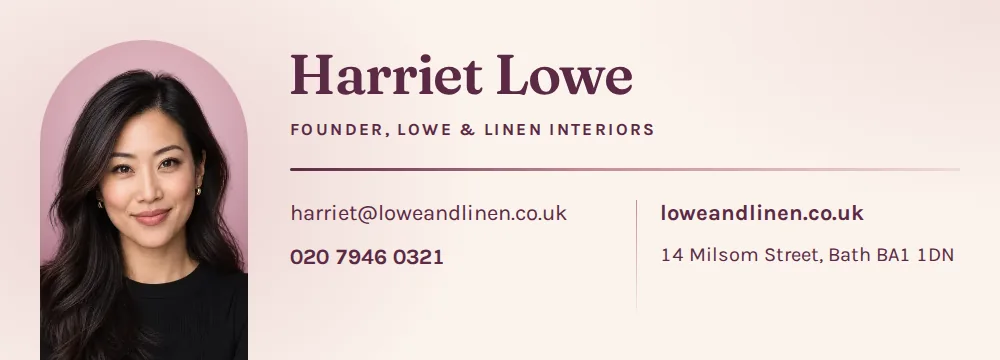 An email signature with a portrait in a soft pink arch, the name in a serif, and email, phone, website, and address in two columns.
