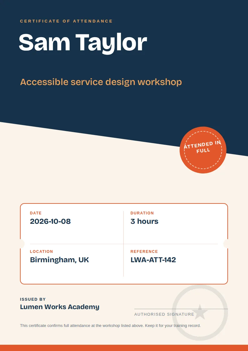 A portrait A4 attendance certificate with a dark navy diagonal header, the large white name Sam Taylor, an orange circular Attended in full badge, and a white facts panel bordered in orange below.